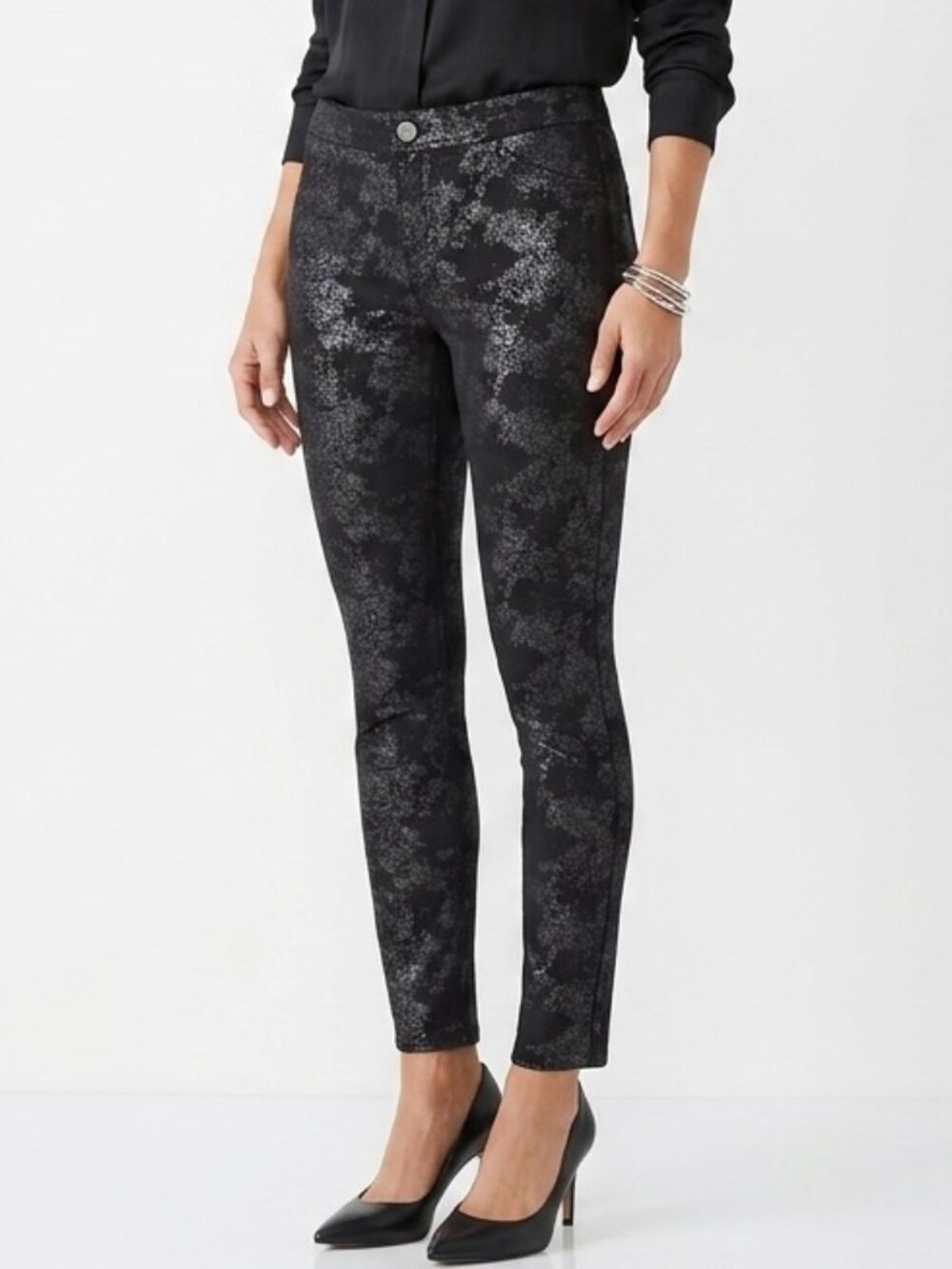 Simply Vera Women's Ponte Knit Pants S Black Faux Leather Floral Print Jegging
